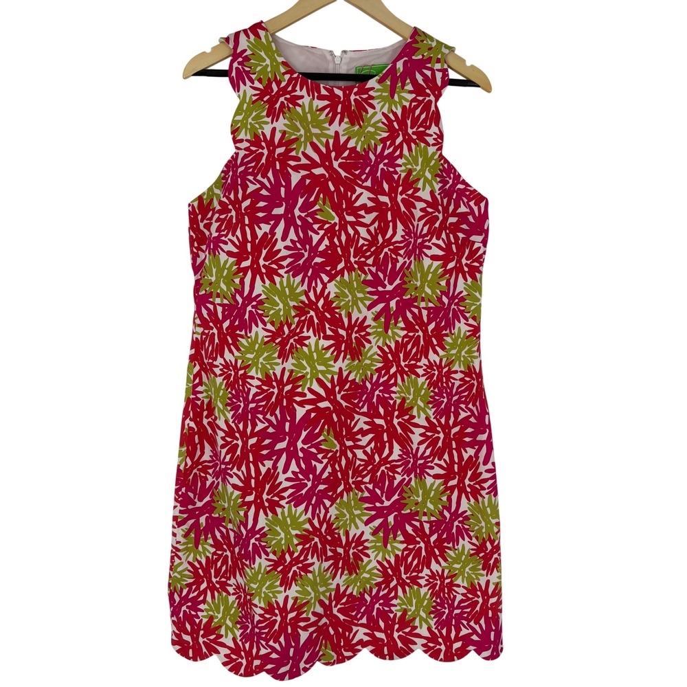 Pappagallo Pink Green Floral Scalloped Hem Sleeveless Shift Dress Womens Size 12